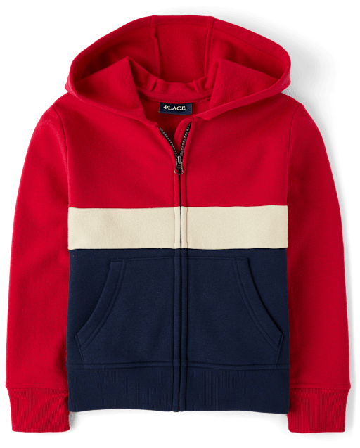 Boys Active Long Sleeve Colorblock Fleece Zip Up Hoodie RED The Children s Place