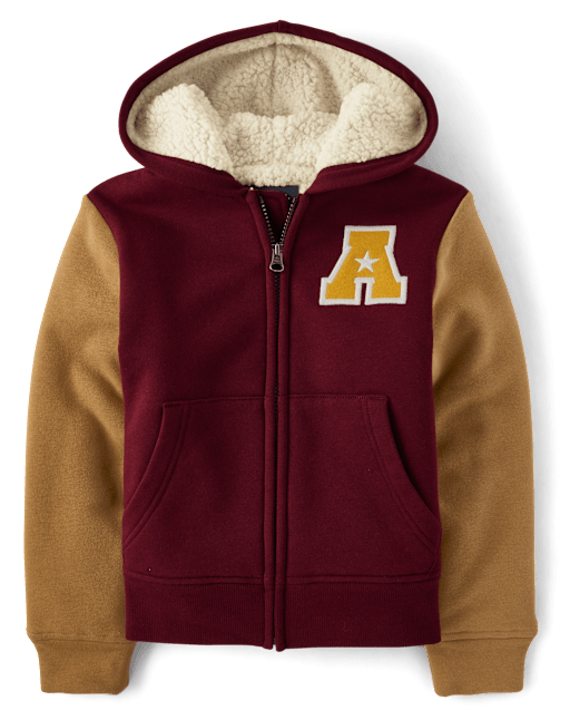 Boys Active Long Sleeve Varsity Fleece Sherpa Lined Zip Up Hoodie REDWOOD The Children s Place