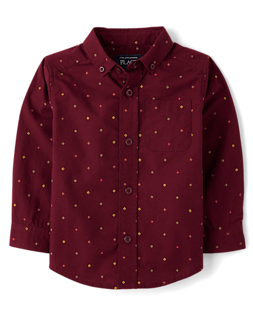 Baby And Toddler Boys Long Sleeve Print Poplin Button Up Shirt BURGUNDY The Children s Place
