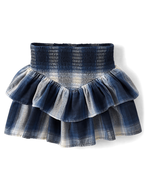 Girls Plaid Twill Smocked Tiered Skirt - BLUE | The