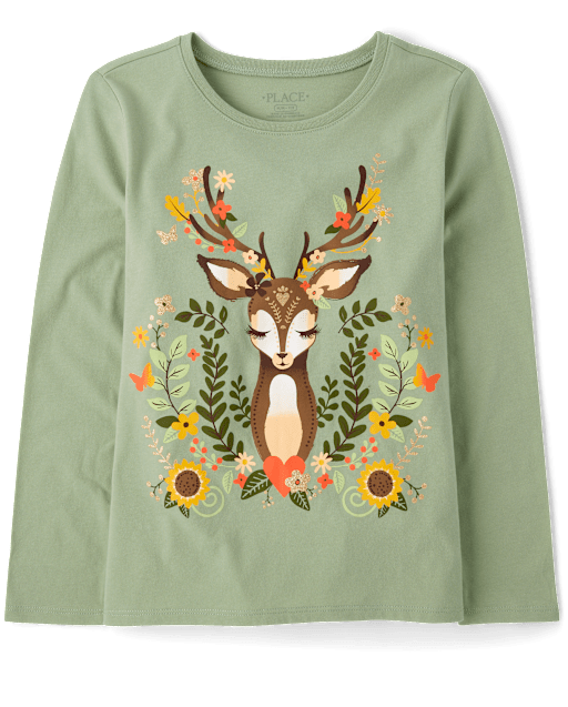 Crew Neck Girls Deer And Bird Pattern T-Shirt In European And American Style For Summer