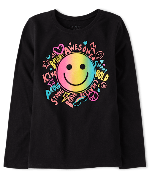 happy girl Girls Long Sleeve Rainbow Happy Face Graphic Tee - BLACK