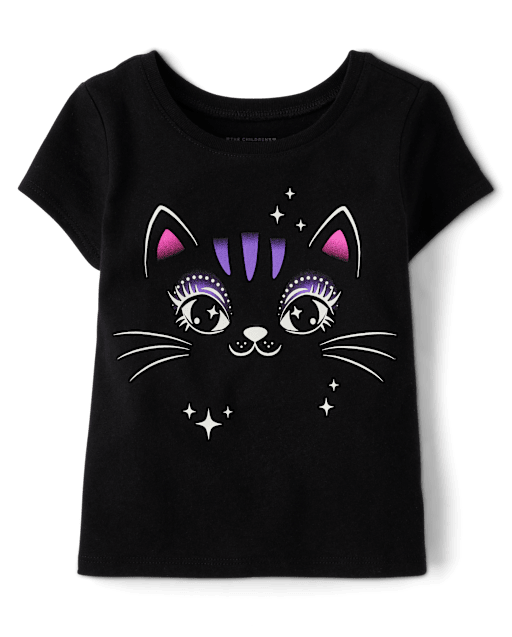 【CPGN STUDIO】24SS★ Black Kittens Short Sleeve Tee Baby And Toddler Girls Glow In The Dark Halloween Short