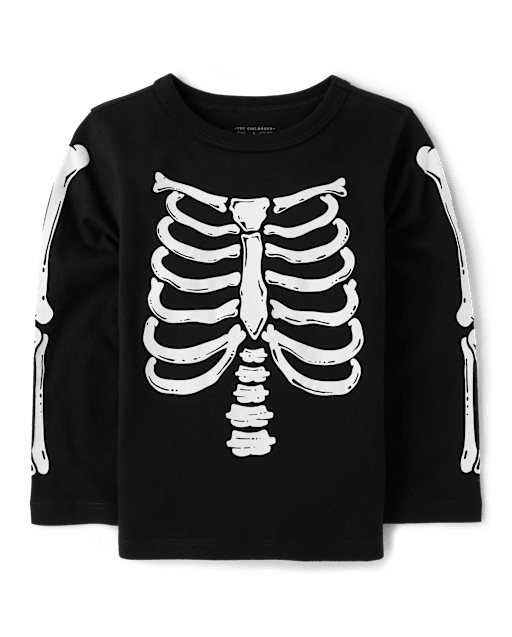 Camisetas estampadas de esqueleto de manga larga Halloween unisex para bebes y ninos pequenos a juego familiares brillan en la oscuridad BLACK The Children s Place