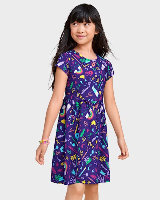 Girls Short Sleeve Print Everyday Dress SOLAR STORM The Children s Place
