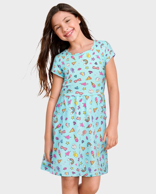 Girls Short Sleeve Doodle Print Everyday Dress - BLUE | The