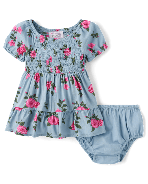 Baby Girls Short Sleeve Floral Print Smocked Ruffle Dress BLUE AURA The Children s Place CA