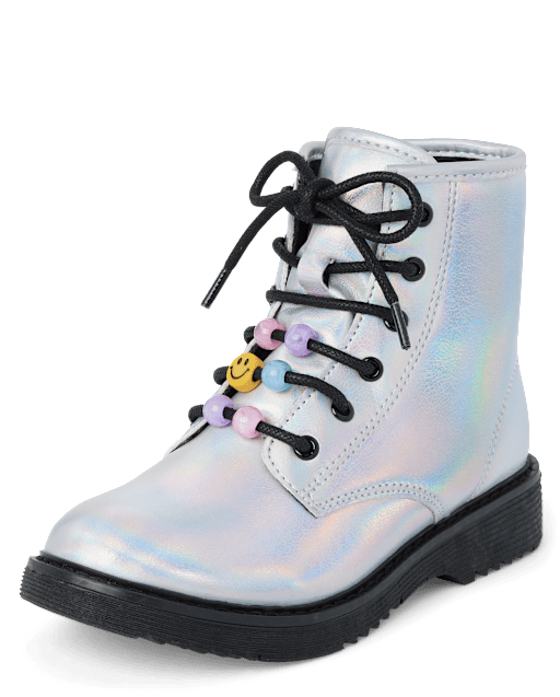 Girls Holographic Beaded Lace Up Booties SILVER The Children s Place