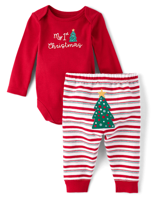 Unisex Baby Long Sleeve First Christmas Bodysuit And Striped Pants 2 Piece Playwear Set RED The Children s Place CA