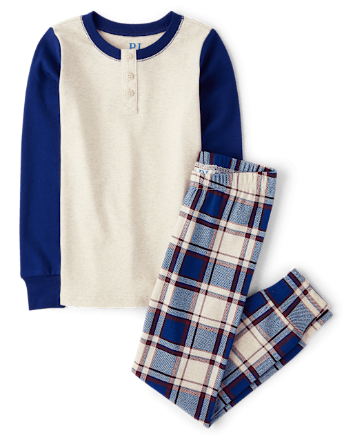Boys Long Sleeve Plaid Henley Snug Fit Cotton Pajamas TAN The Children s Place