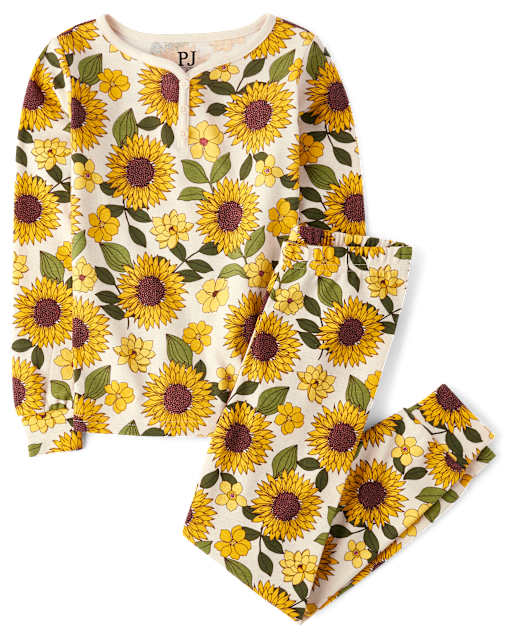 Girls Long Sleeve Sunflower Print Henley Snug Fit Cotton Pajamas WHITE The Children s Place CA