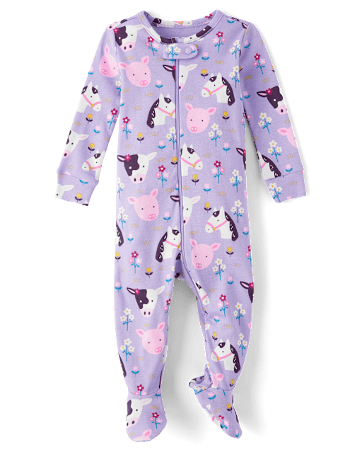 Baby And Toddler Girls Long Sleeve Farm Animal Print Snug Fit Cotton Footed One Piece Pajamas PURPLE The Children s Place