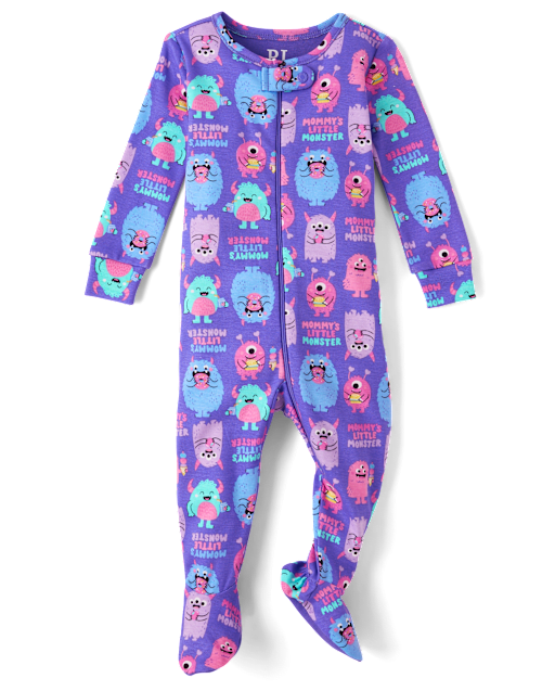 Baby And Toddler Girls Long Sleeve Monster Print Snug Fit Cotton Footed One Piece Pajamas PURPLE The Children s Place
