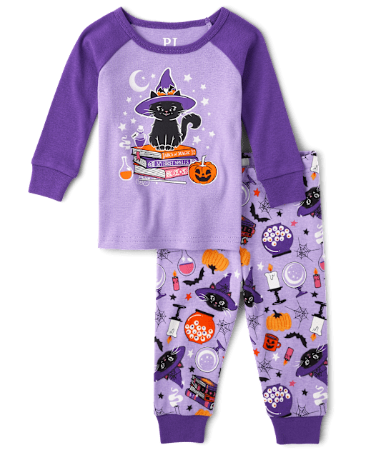 Baby And Toddler Girls Halloween Glow In The Dark Long Raglan Sleeve Cat Witch Snug Fit Cotton Pajamas PURPLE The Children s Place