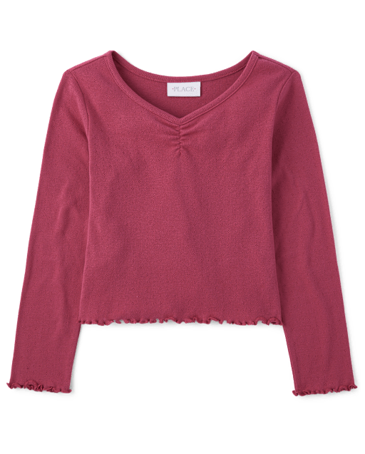Girls Long Sleeve Pointelle Ruched Top - WINDSOR ROSE | The Children's ...