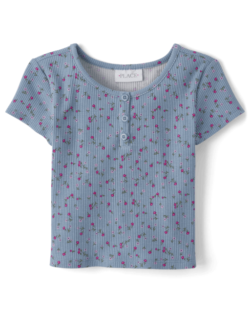 Girls Short Sleeve Floral Print Ribbed Henley Top - BLUE