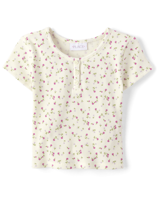 Girls Short Sleeve Floral Print Ribbed Henley Top - WHITE | The