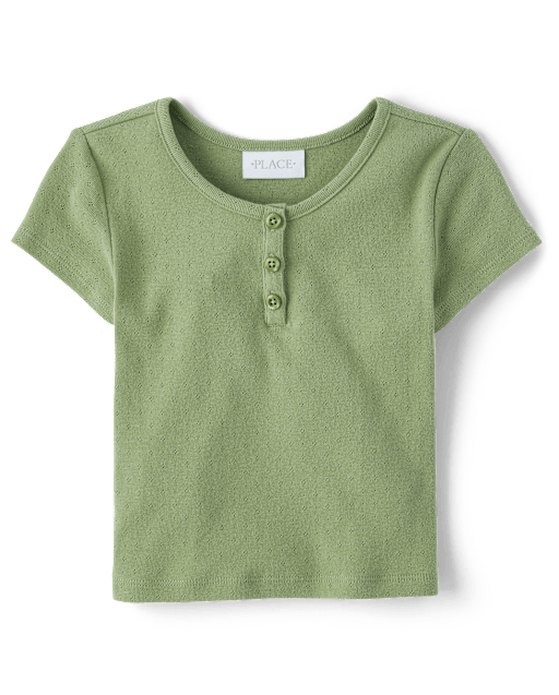 Girls Short Sleeve Pointelle Henley Top - GREEN | The
