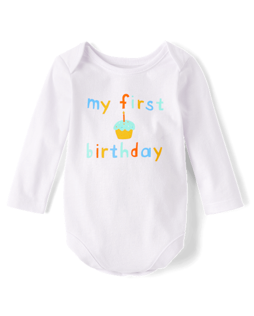 Unisex Baby Long Sleeve First Birthday Graphic Bodysuit WHITE The Children s Place
