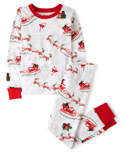 Unisex Kids Matching Family Christmas Long Sleeve Santa Sleigh Print Snug Fit Cotton Pajamas WHITE The Children s Place