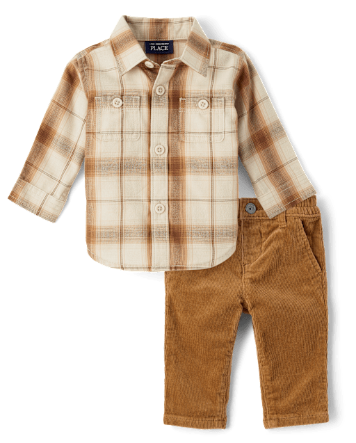 Baby Boy 2-Piece Set Hooded Quilted Top & Pants Outfit with Stripe & Cartoon Print