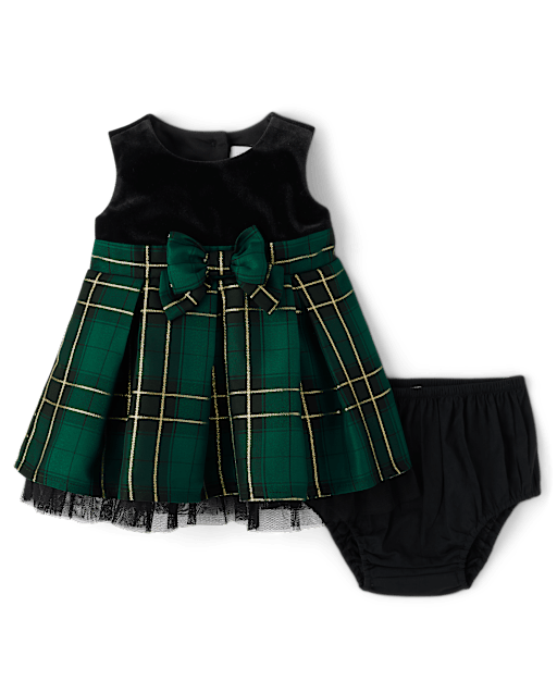 Baby Girls Matching Family Sleeveless Plaid Velour Fit And Flare Dress -  GREEN | The Children's Place