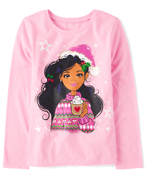 Girls Long Sleeve Christmas Girl Graphic Tee - PINK | The