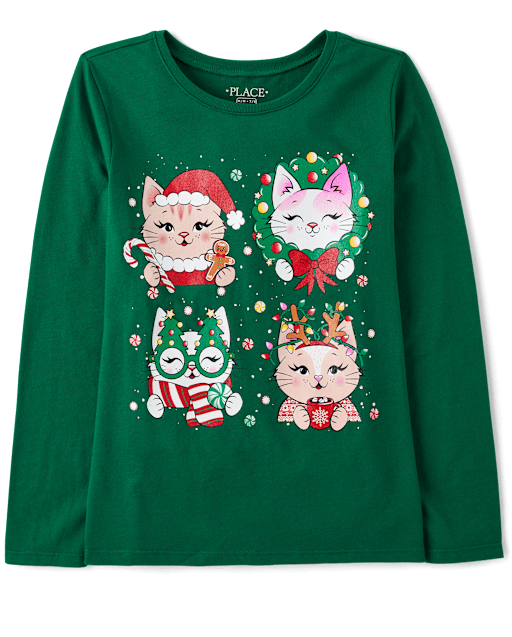 Romose Women's Cartoon Cat Sweatshirt – Long Sleeve Pullover, Relaxed Fit, Green, Size L