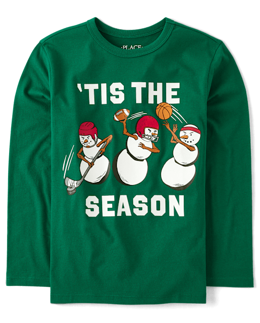 Boys Long Sleeve Christmas Snowman Sports Graphic Tee - GREEN
