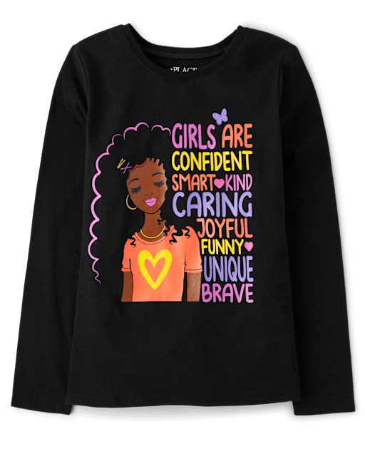Girls Long Sleeve Positive Words Graphic Tee - BLACK | The