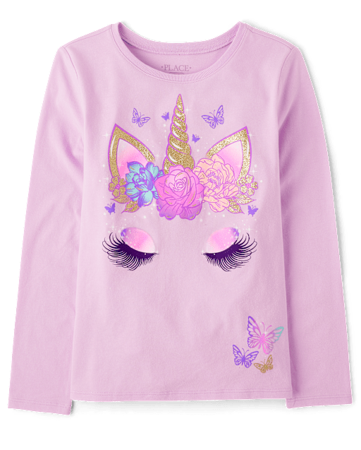 Girls Long Sleeve Unicorn Face Graphic Tee - PURPLE | The