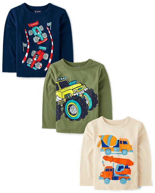 Babyhug 100% Cotton Knit Striped T-Shirts with Vehicle Print Pack of 3 - Red Blue & White main image 1