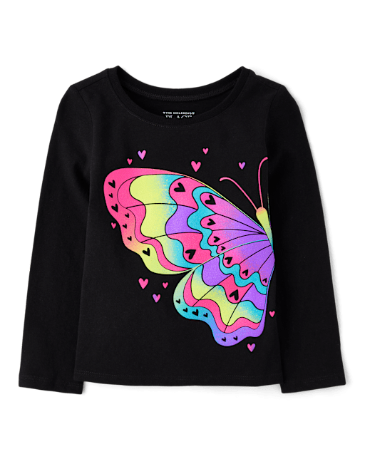 Baby And Toddler Girls Long Sleeve Rainbow Butterfly Graphic Tee