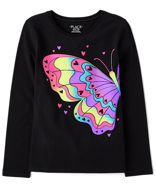 Girls Long Sleeve Rainbow Butterfly Graphic Tee - BLACK