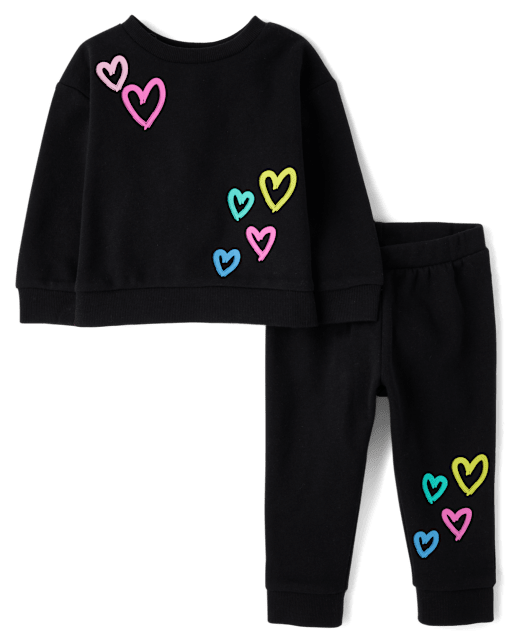 Toddler Girls Active Long Sleeve Graphic Fleece Sweatshirt And Jogger Pants 2 Piece Outfit Set BLACK The Children s Place