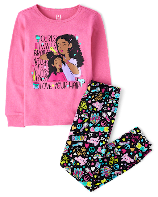 Girls Long Sleeve Positive Words Snug Fit Cotton Pajamas - BLACK