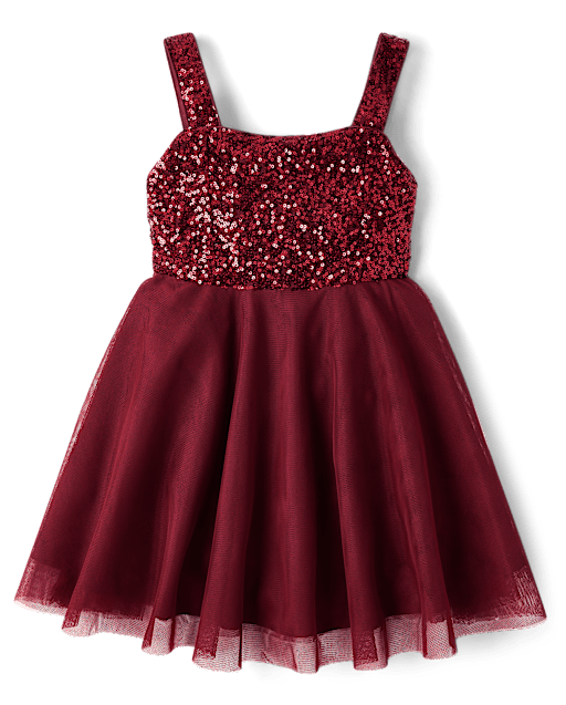 Girls Sleeveless Sequin Mesh Fit Flare Dress REDWOOD The Children s Place