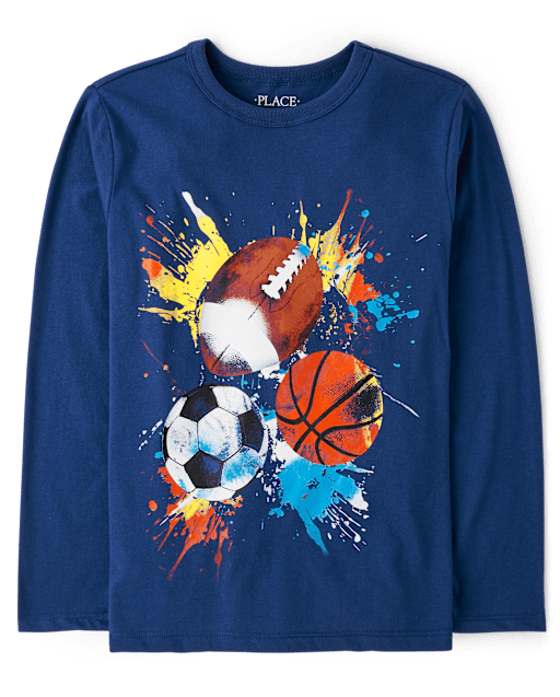 Boys Long Sleeve Team Sport Balls Graphic Tee - BLUE | The
