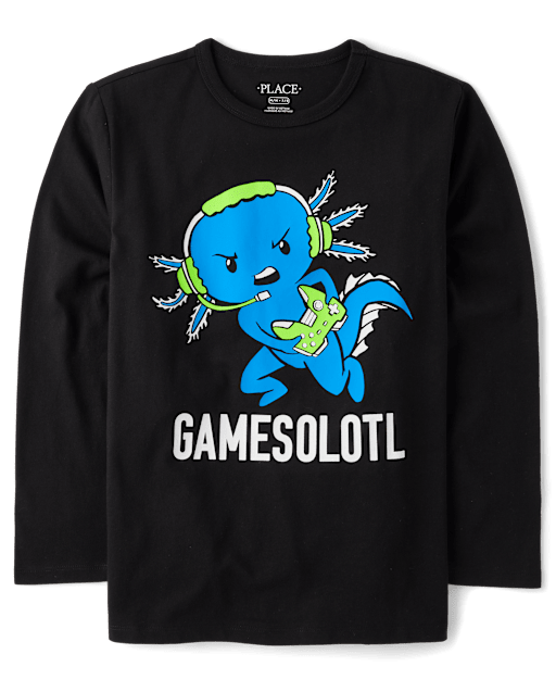 Boys Long Sleeve Gamer Axolotl Graphic Tee - BLACK | The