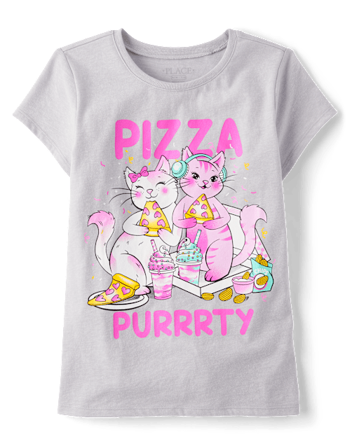 Girls Short Sleeve Cat Pizza Graphic Tee - GRAY | The Children's Place