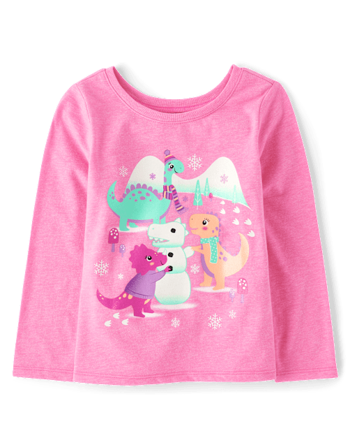 Baby And Toddler Girls Long Sleeve Dino Snow Graphic Tee