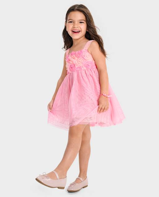 Baby And Toddler Girls Sleeveless 3D Rosette Mesh Fit And Flare