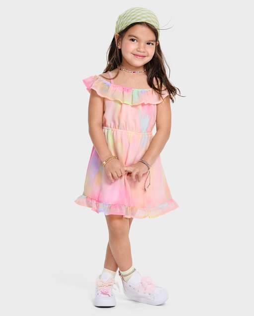 thumbnail image 2 of Girls’ Off Shoulder Dress With Trendy Pastel Splash Print – Perfect For Parties & Special Occasions By A2Z 4 Kids 2 of 6