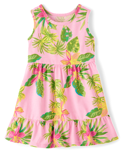 Baby And Toddler Girls Sleeveless Tropical Print Tiered Dress - PINK | The  Children's Place