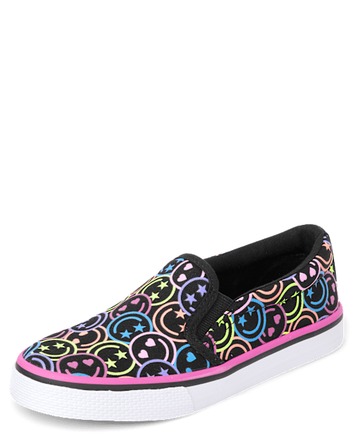 Girls Rainbow Happy Face Print Slip On Sneakers - MULTI