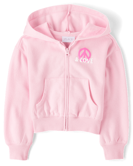Girls Active Long Sleeve Graphic Fleece Zip Up Hoodie - PINK | The