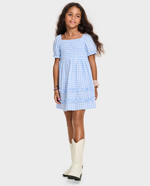 Girls Mommy And Me Short Sleeve Gingham Poplin Smocked Ruffle Dress - BLUE | The Children's Place CA Girls Mommy And Me Short Sleeve Gingham Poplin Smocked Ruffle Dress - BLUE | The Children's Place CA