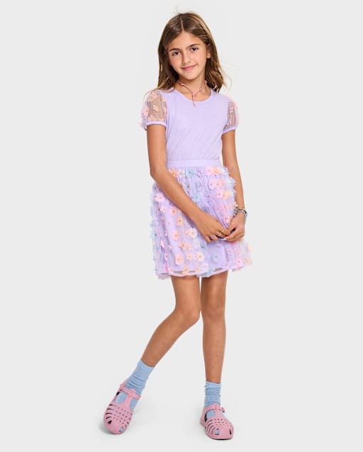 Girls Short Sleeve 3D Flower Mesh Fit And Flare Dress - PURPLE | The  Children's Place
