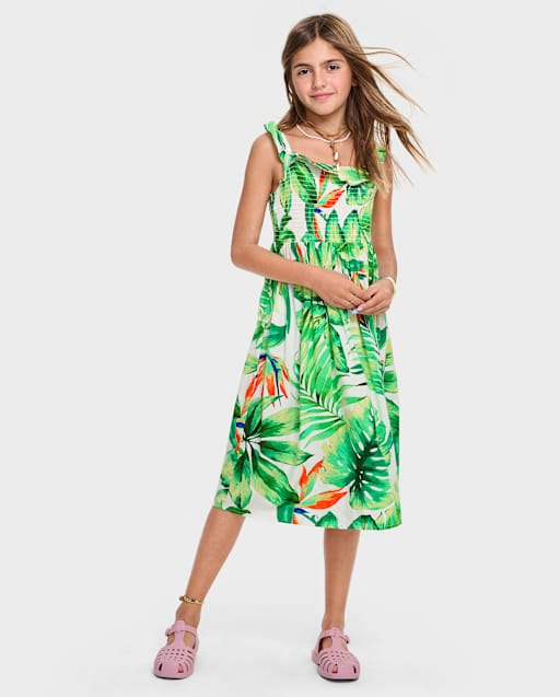 Girls Matching Family Sleeveless Tropical Print Midi Smocked Dress - GREEN  | The Children's Place