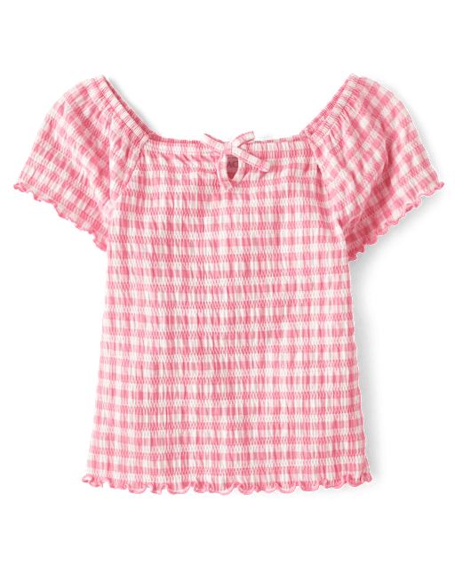 Girls Short Flutter Sleeve Gingham Smocked Keyhole Top - PINK